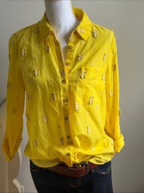 Maeve Bright Yellow Pineapple-Embroidered Button-Down Shirt